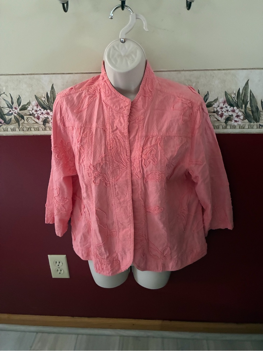 Chico's Coral Pink Embroidered Open-Front Tunic Jacket
